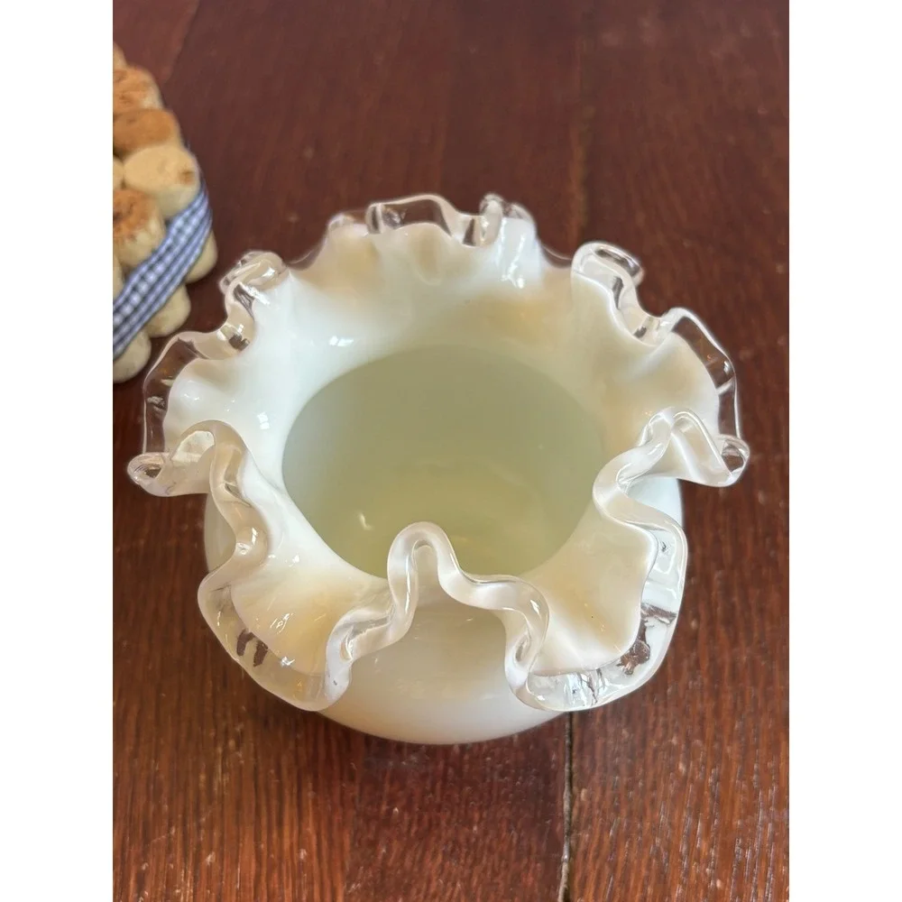 Fenton Custard Glass Rose Bowl Ruffled Rim Clear Crest Edge Vintage Art Glass